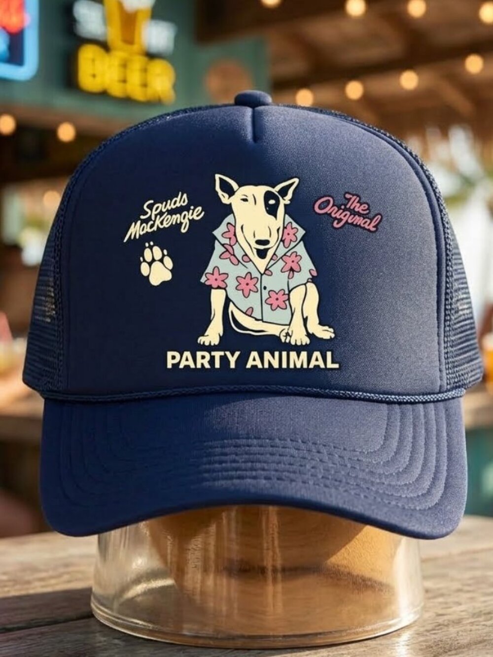 Retro Spuds MacKenzie Hat Navy Blue Foam Rope Trucker Party Animal Snapback Cap